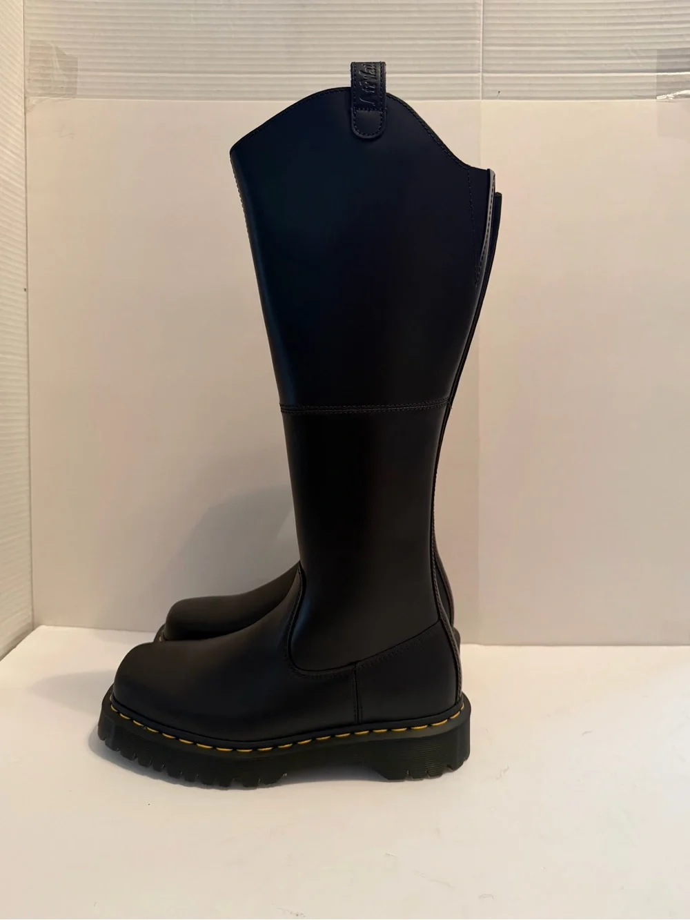 NWT Dr. Martens Amaayah Black Tall Leather Lug-Sole Boots with Yellow Stitching